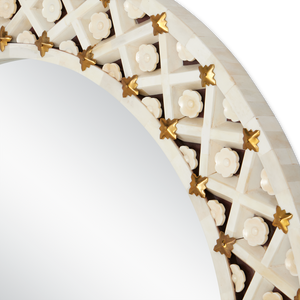Ellaria Round Mirror - Exquisite Handmade Bone Design with Floral Motifs and Brass Accents, 30"