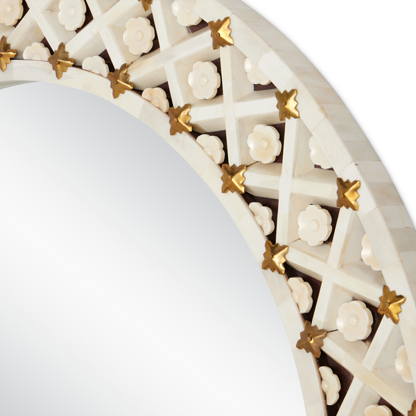 Ellaria Round Mirror - Exquisite Handmade Bone Design with Floral Motifs and Brass Accents, 30"
