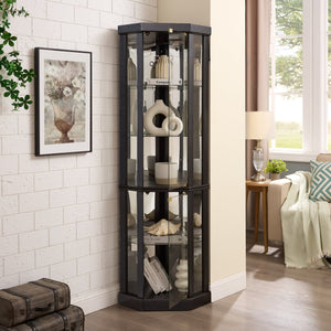 English Elm Lighted Corner Curio Cabinet Black with Built-In Lighting, Adjustable Glass Shelves, Anti-Tip Safety (90") W2275P292656