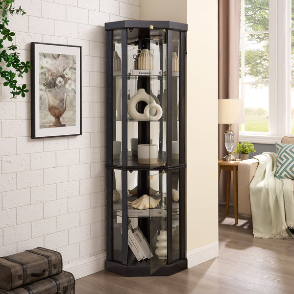 English Elm Lighted Corner Curio Cabinet Black with Built-In Lighting, Adjustable Glass Shelves, Anti-Tip Safety (90") W2275P292656