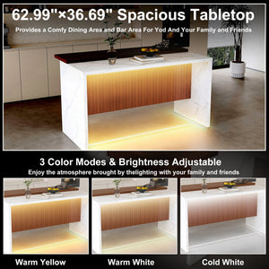 English Elm 63" Modern Kitchen Island with Black Marble-Look Surface, LED Ambient Lighting & Grille Accent White+Walnut W2699P365916