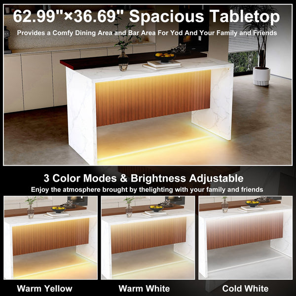 English Elm 63" Modern Kitchen Island with Black Marble-Look Surface, LED Ambient Lighting & Grille Accent White+Walnut W2699P365916