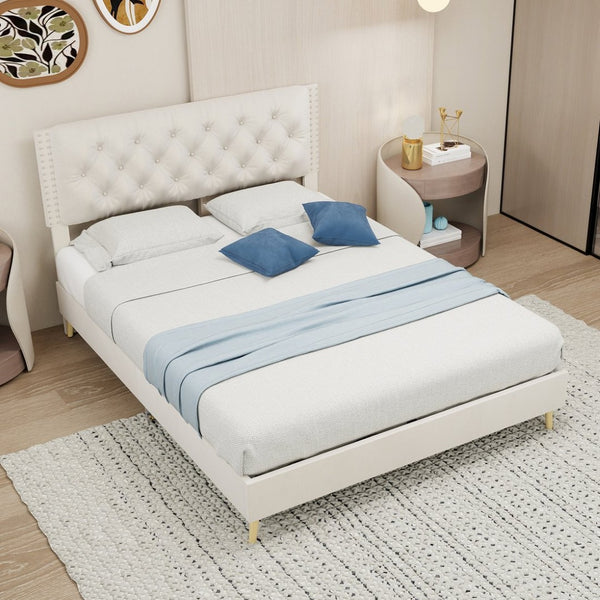English Elm Suede Tufted Platform Bed Full Size Upholstered Headboard for Restful Bedroom Retreat Beige W1935P361000