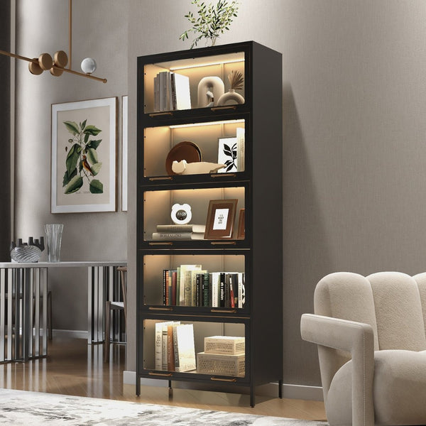 English Elm 76.75'' Tall Steel Barrister Bookcase with Led Lit Shelves and Brass Hardware Display Black SN845P397473B