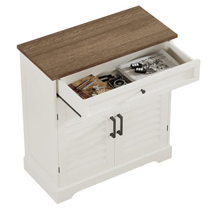 English Elm 16 Pair Shoe Cabinet Tall Freestanding Entryway Organizer with Drawer, Louvered Doors, Durable MDF Storage Brown,Soft White T3771P372927