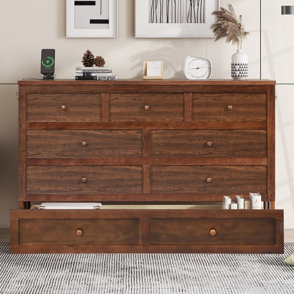 English Elm Murphy Cabinet Queen Bed Solid Pine Frame with Built-in Charging Station for Guest Rooms Walnut W504S00165