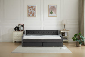 English Elm Daybed Velvet Upholstered with 2 Drawers & Wood Slat Support, Gray Full Sofa Bed with Storage W2725S00004