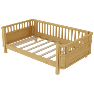 Twin Solid Pine Low Profile Kids Bed with Full Guardrail System and Rounded Safe Corners