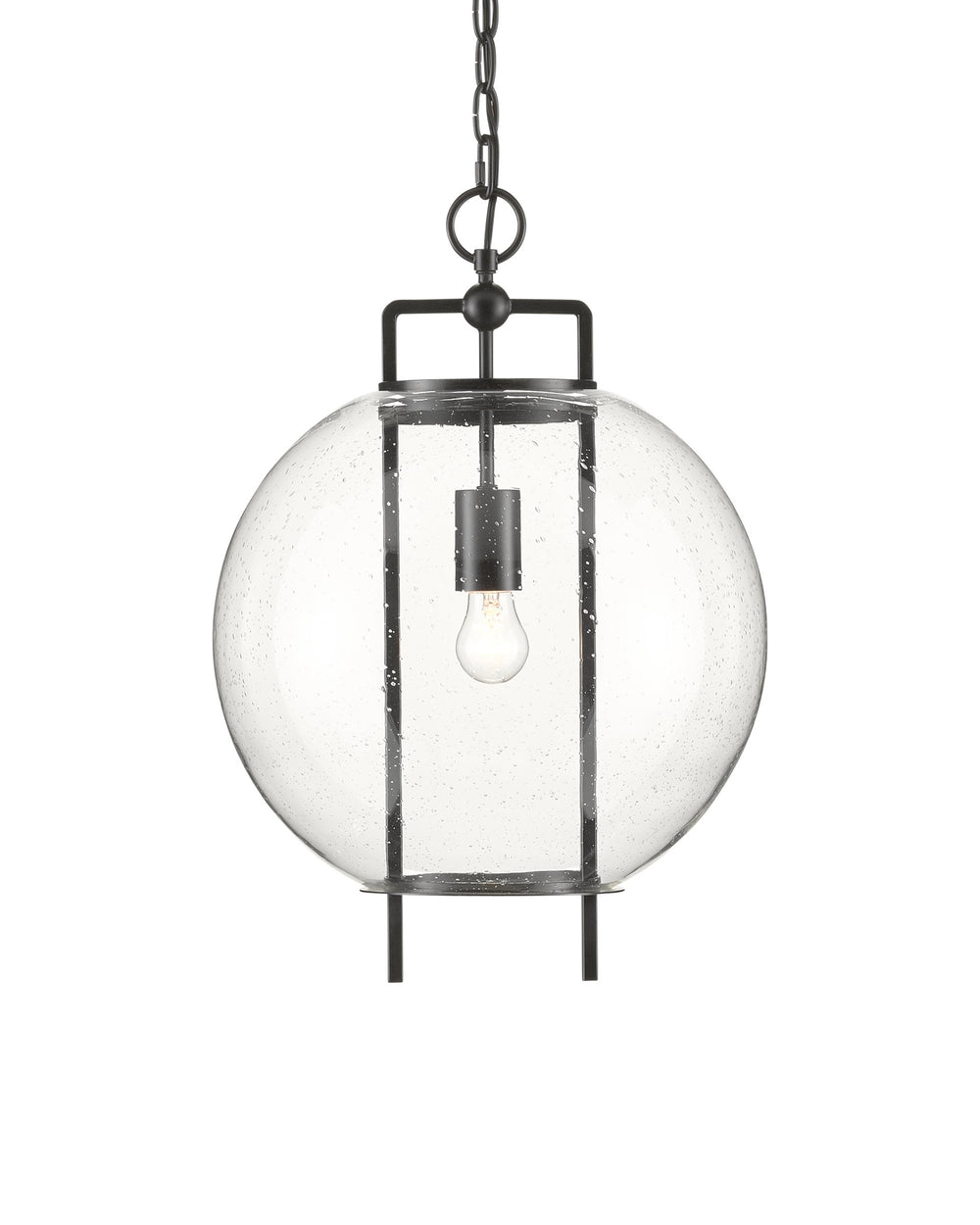 Currey & Company Breakspear Seeded Glass Globe Pendant Light with Antique Black Metal Frame for Dining 9000-0599