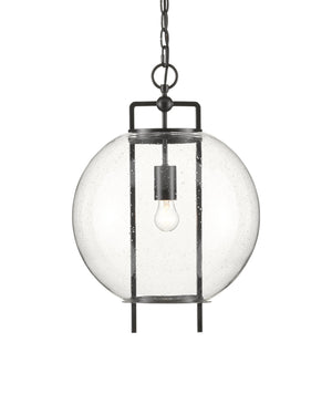 Currey & Company Breakspear Seeded Glass Globe Pendant Light with Antique Black Metal Frame for Dining 9000-0599
