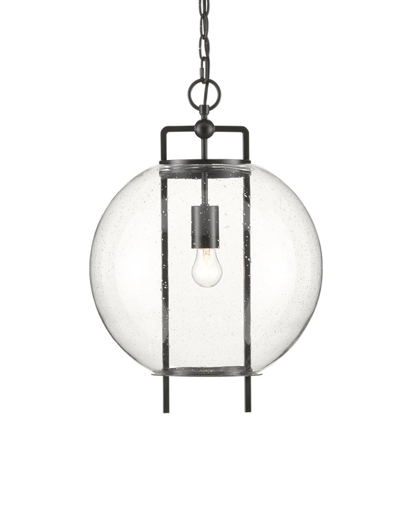 Currey & Company Breakspear Seeded Glass Globe Pendant Light with Antique Black Metal Frame for Dining 9000-0599
