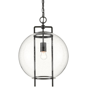 Currey & Company Breakspear Seeded Glass Globe Pendant Light with Antique Black Metal Frame for Dining 9000-0599