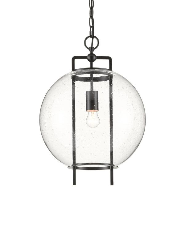 Currey & Company Breakspear Seeded Glass Globe Pendant Light with Antique Black Metal Frame for Dining 9000-0599