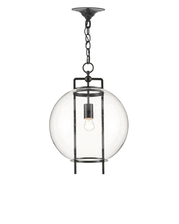 Currey & Company Breakspear Seeded Glass Globe Pendant Light with Antique Black Metal Frame for Dining 9000-0599