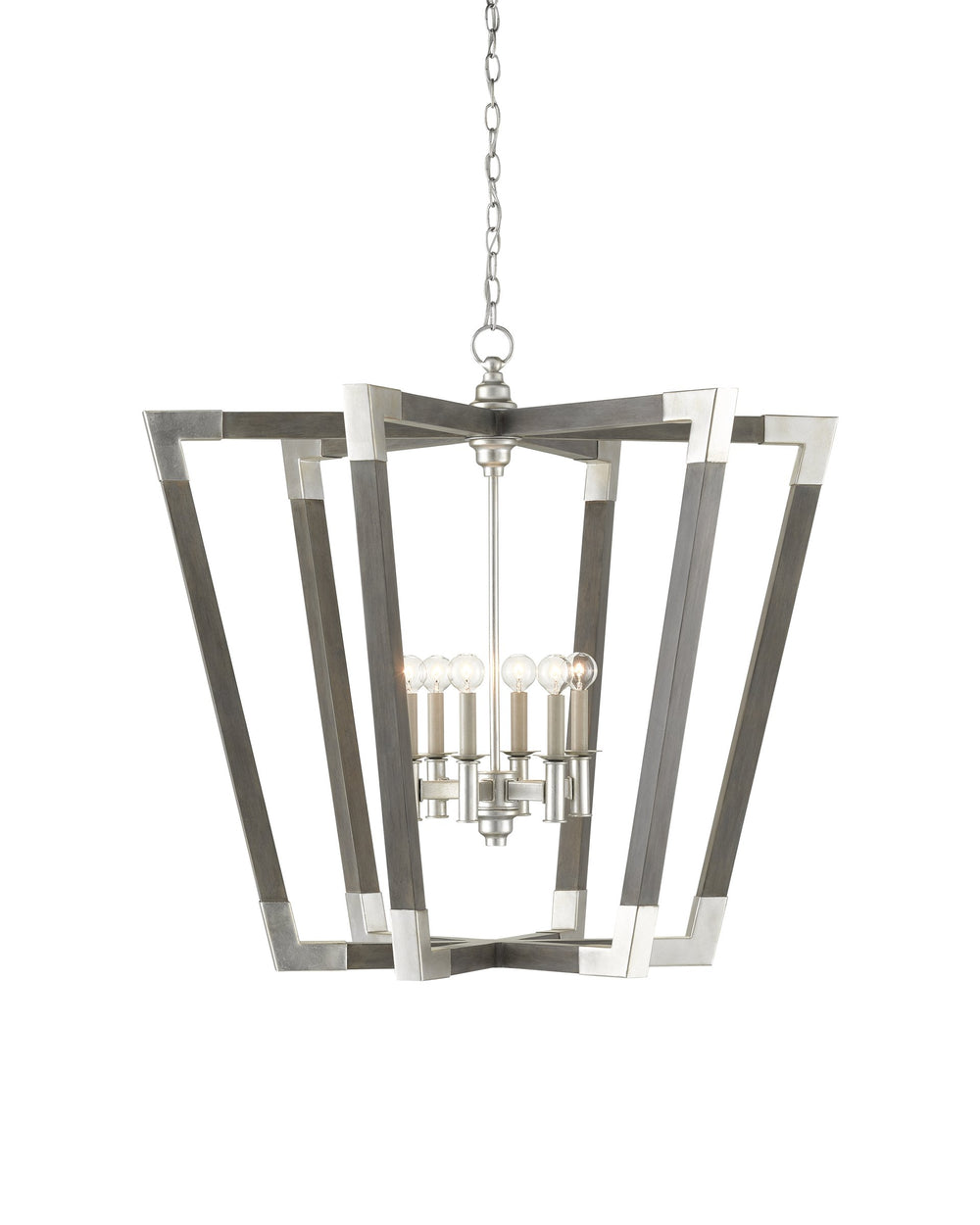 Currey & Company Bastian Wrought Iron Wood Spoke Lantern Chandelier Arts and Crafts Style Dining Room Large 9000-0606