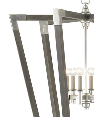 Currey & Company Bastian Wrought Iron Wood Spoke Lantern Chandelier Arts and Crafts Style Dining Room Large 9000-0606
