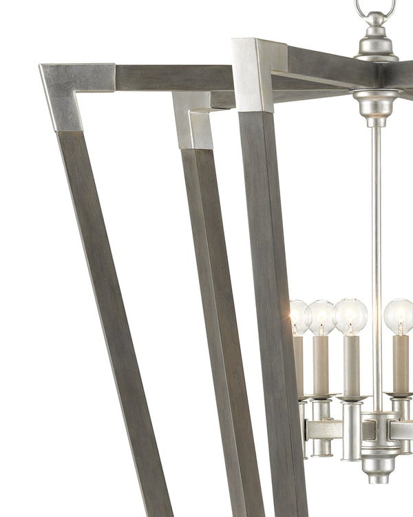 Currey & Company Bastian Wrought Iron Wood Spoke Lantern Chandelier Arts and Crafts Style Dining Room Large 9000-0606