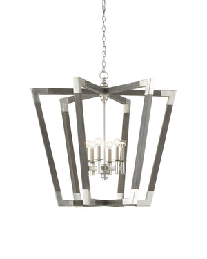 Currey & Company Bastian Wrought Iron Wood Spoke Lantern Chandelier Arts and Crafts Style Dining Room Large 9000-0606