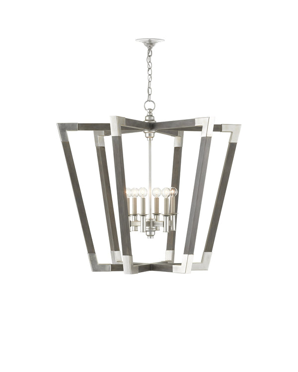 Currey & Company Bastian Wrought Iron Wood Spoke Lantern Chandelier Arts and Crafts Style Dining Room Large 9000-0606