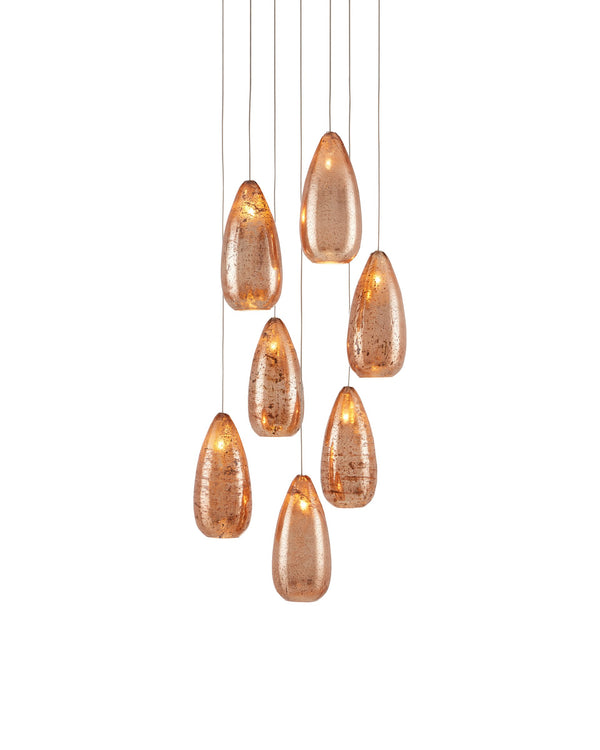 Currey & Company Rame Seven Light Mercury Glass Pendant Handcrafted Metallic Teardrop Dining Fixture Round 9000-0904