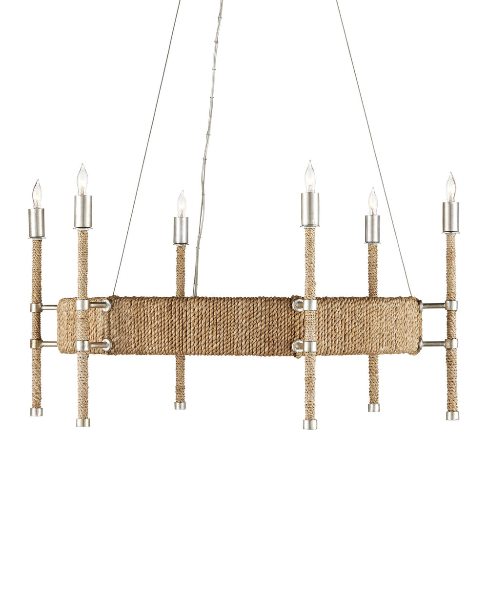 Currey & Company Monzie Silver Leaf Steel Chandelier with Rope Wrapped Arms and Candelabra Bobeches 9000-0955