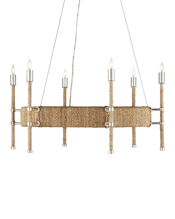 Currey & Company Monzie Silver Leaf Steel Chandelier with Rope Wrapped Arms and Candelabra Bobeches 9000-0955