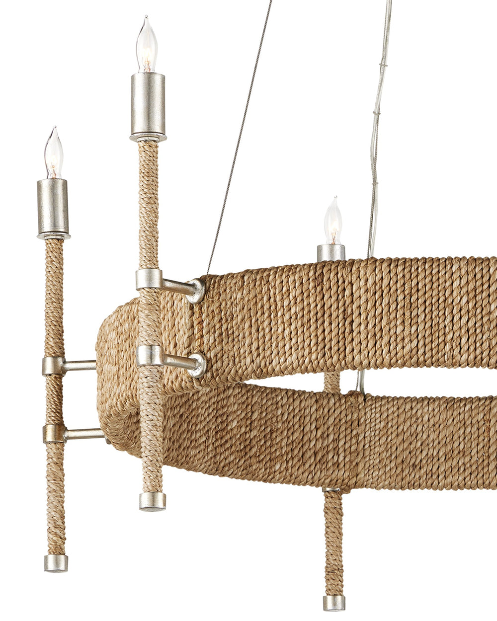 Currey & Company Monzie Silver Leaf Steel Chandelier with Rope Wrapped Arms and Candelabra Bobeches 9000-0955