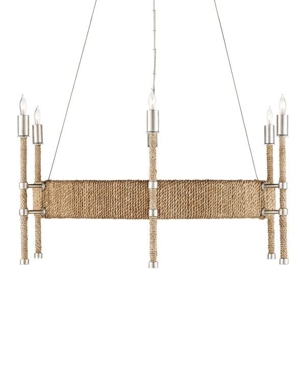 Currey & Company Monzie Silver Leaf Steel Chandelier with Rope Wrapped Arms and Candelabra Bobeches 9000-0955