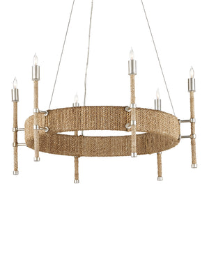 Currey & Company Monzie Silver Leaf Steel Chandelier with Rope Wrapped Arms and Candelabra Bobeches 9000-0955