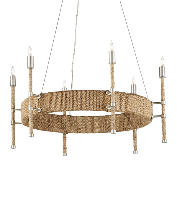Currey & Company Monzie Silver Leaf Steel Chandelier with Rope Wrapped Arms and Candelabra Bobeches 9000-0955