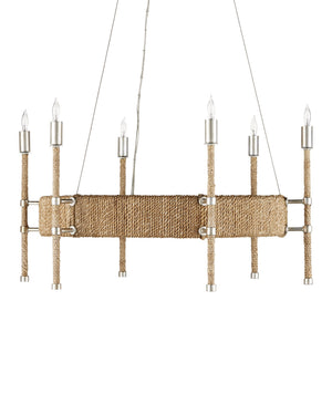 Currey & Company Monzie Silver Leaf Steel Chandelier with Rope Wrapped Arms and Candelabra Bobeches 9000-0955