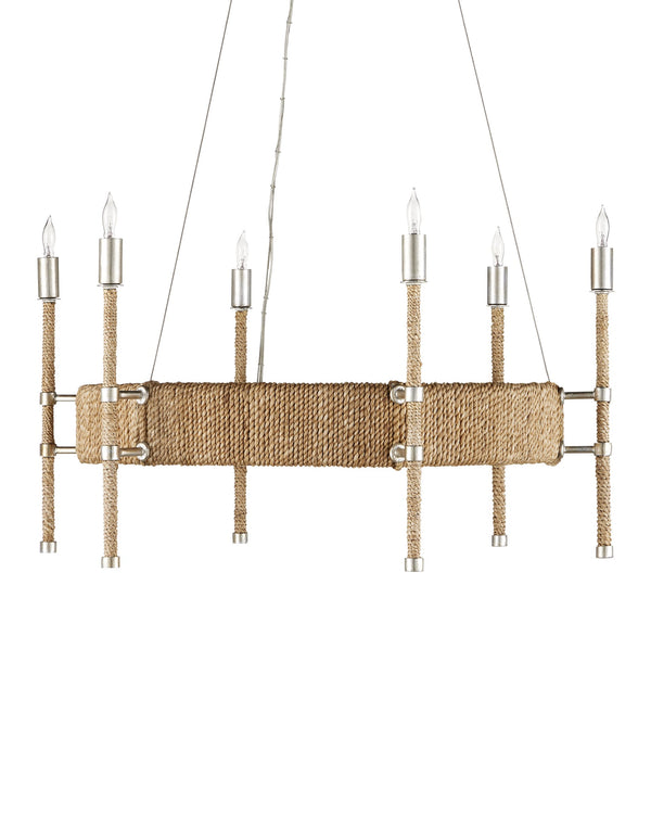 Currey & Company Monzie Silver Leaf Steel Chandelier with Rope Wrapped Arms and Candelabra Bobeches 9000-0955