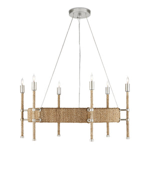 Currey & Company Monzie Silver Leaf Steel Chandelier with Rope Wrapped Arms and Candelabra Bobeches 9000-0955
