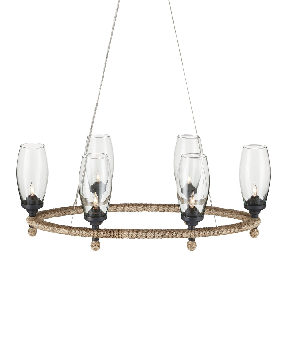 Currey & Company Hightider Oval Chandelier Recycled Glass Abaca Rope Coastal Farmhouse Dining Light 9000-1086