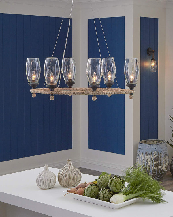 Currey & Company Hightider Oval Chandelier Recycled Glass Abaca Rope Coastal Farmhouse Dining Light 9000-1086