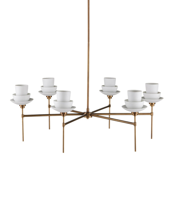 Currey & Company Etiquette Antique Brass Chandelier with Bone China Teacup Shades for Dining Rooms 9000-1092