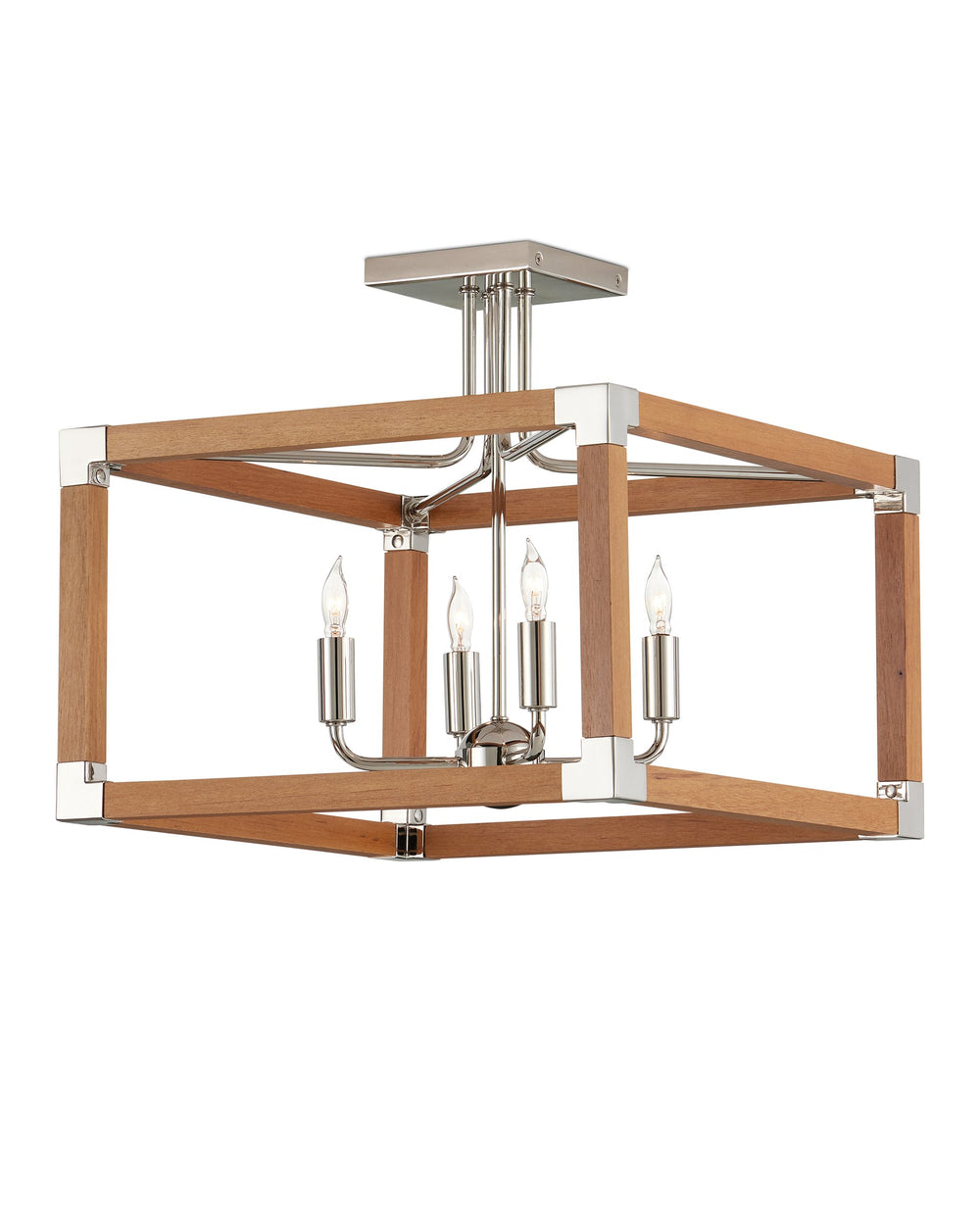 Currey & Company Boyd Teak and Polished Nickel Four Light Semi Flush Mount for Bath or Hallway 9000-1284