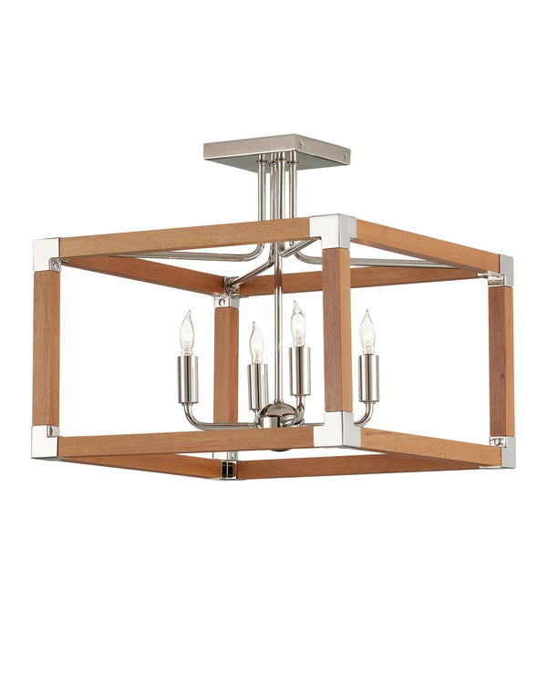 Currey & Company Boyd Teak and Polished Nickel Four Light Semi Flush Mount for Bath or Hallway 9000-1284
