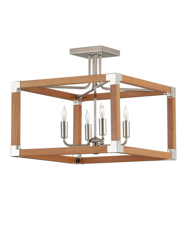 Currey & Company Boyd Teak and Polished Nickel Four Light Semi Flush Mount for Bath or Hallway 9000-1284