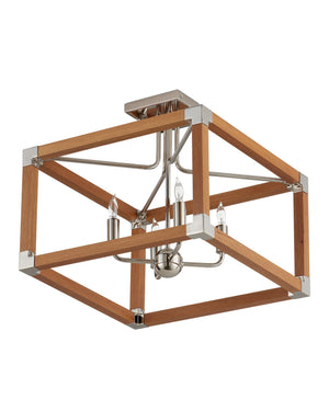 Currey & Company Boyd Teak and Polished Nickel Four Light Semi Flush Mount for Bath or Hallway 9000-1284