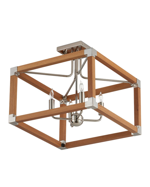 Currey & Company Boyd Teak and Polished Nickel Four Light Semi Flush Mount for Bath or Hallway 9000-1284