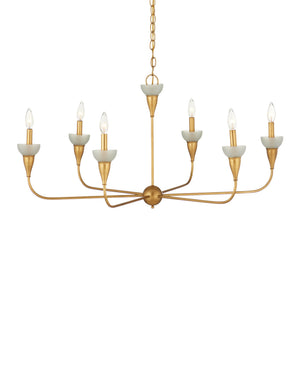 Currey & Company Aurelia Gold Leaf Wrought Iron Chandelier with Frosted Green Glass Six Arm Dining 20.25"h x 40"dia. 9000-1328