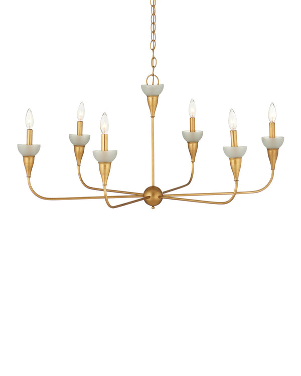 Currey & Company Aurelia Gold Leaf Wrought Iron Chandelier with Frosted Green Glass Six Arm Dining 20.25"h x 40"dia. 9000-1328