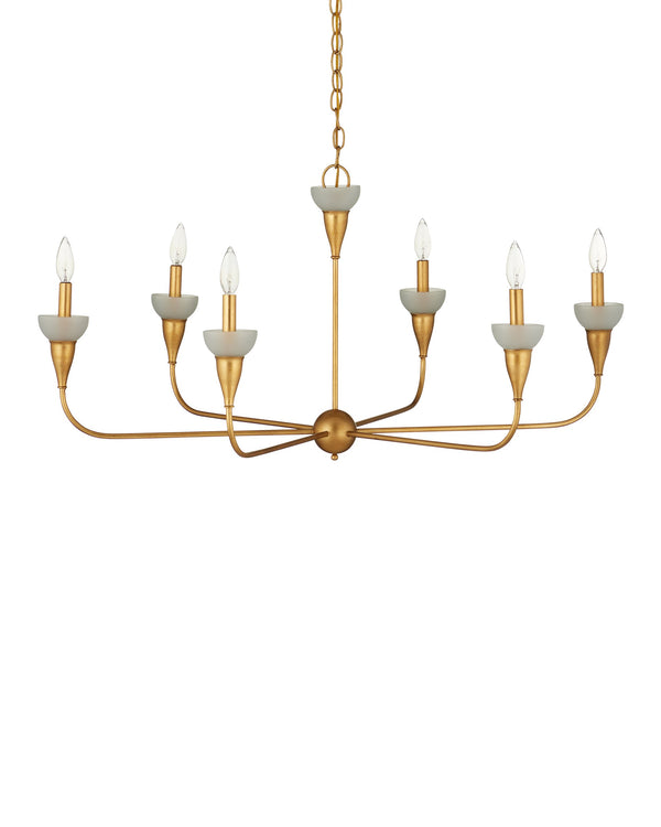 Currey & Company Aurelia Gold Leaf Wrought Iron Chandelier with Frosted Green Glass Six Arm Dining 20.25"h x 40"dia. 9000-1328