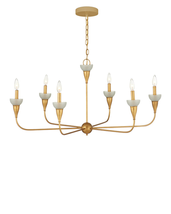 Currey & Company Aurelia Gold Leaf Wrought Iron Chandelier with Frosted Green Glass Six Arm Dining 20.25"h x 40"dia. 9000-1328