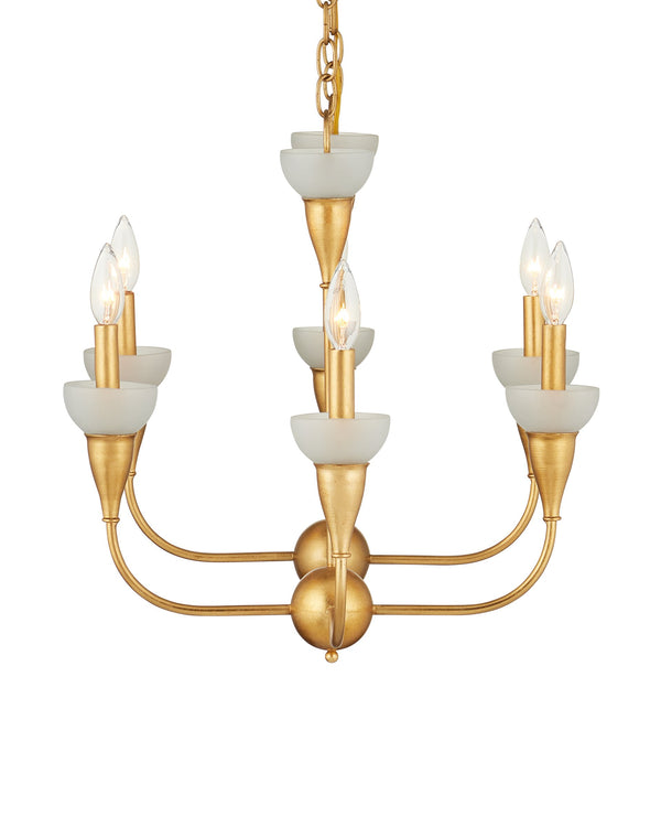 Currey & Company Aurelia Gold Leaf Wrought Iron Chandelier with Frosted Green Glass Six Arm Dining 19.75"h x 46"w x 19"d 9000-1329
