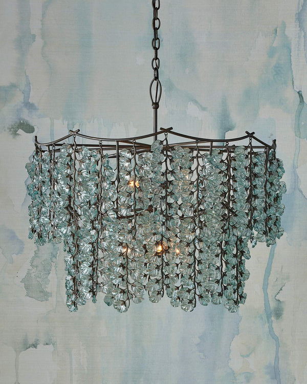 Currey & Company Herbary Bronze Chandelier with Recycled Glass Leaves Organic Sculptural Canopy Light 9000-1330