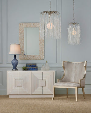 Currey & Company Glen Arbor Frosted Glass Leaf Pendant Light Wrought Iron Fixture for Dining Foyer Small 9000-1334