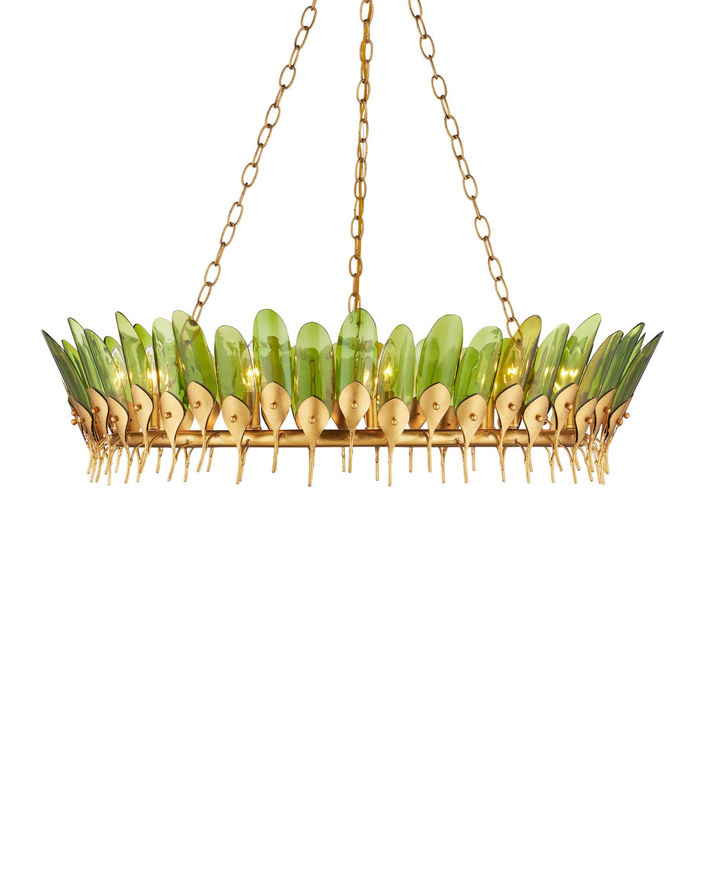 Currey & Company Selavy Gold Leaf Chandelier with Recycled Wine Bottle Glass Feather Drops for Dining Rooms 9000-1337
