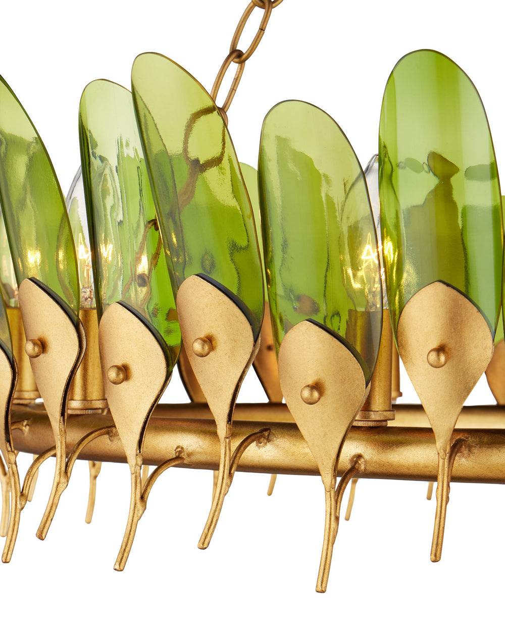 Currey & Company Selavy Gold Leaf Chandelier with Recycled Wine Bottle Glass Feather Drops for Dining Rooms 9000-1337